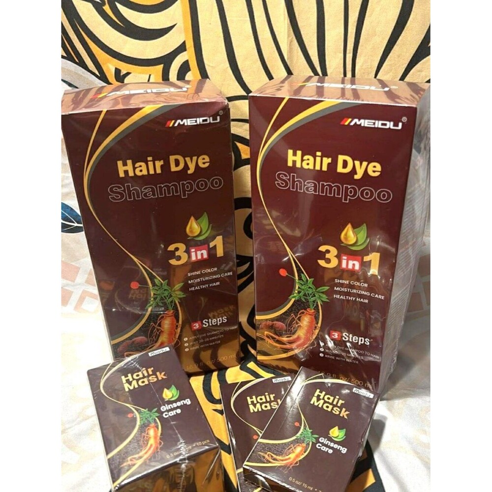 MEIDU Hair Dye Shampoo (2 Boxes) + 14 Ginseng Hair Masks